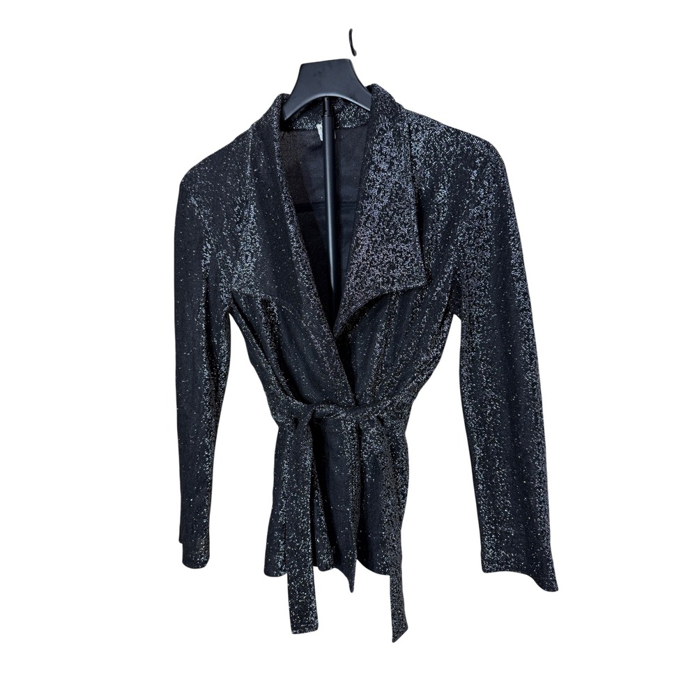 Vintage Metallic Silver Black Wrap Cardigan Tie Waist Shimmer Knit Size 9